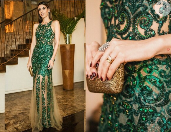 A bligueira Camila Coutinho usou um vestido verde, transparente e bordado de Patricia Bonaldi