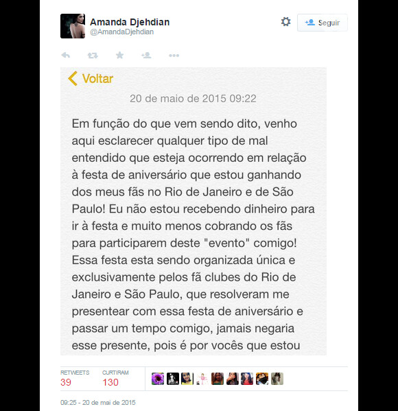 Na manhã desta quata-feira, 20 de maio, a ex-BBB Amanda Djehdian usou seu Twitter para esclarecer boatos de que estaria recebendo ajuda financeira de seus fã-clubes do Rio de Janeiro e São Paulo