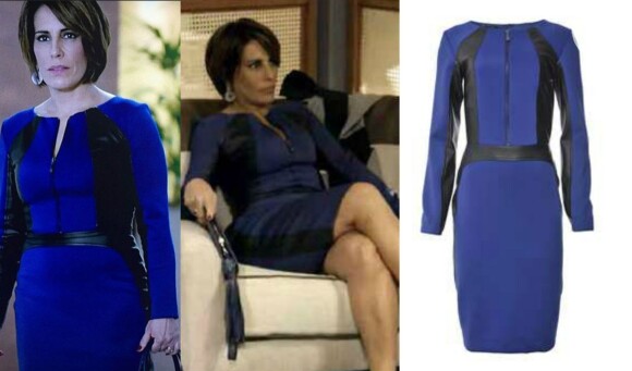 O vestido azul e preto da grife Alphorria, sucesso entre o público, está à venda por R$ 723,90, e foi usado pela vilã Beatriz em um dia de trabalho