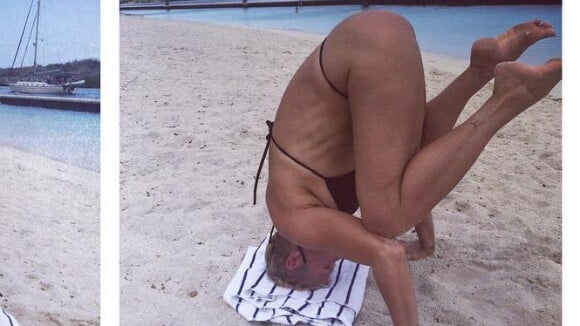 Xuxa se atrapalha ao tentar fazer ioga de biquíni na praia: 'Juro que tentei'