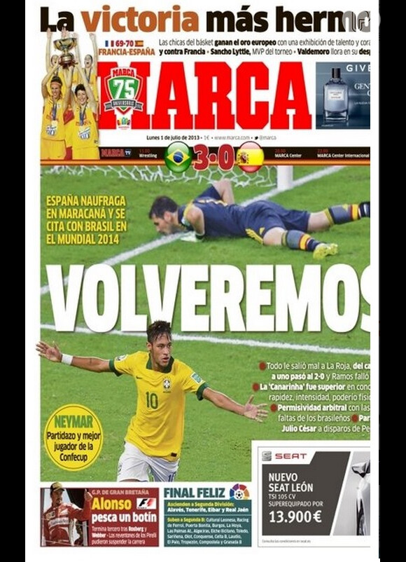 Na capa do jornal impresso, a mensagem: 'Voltaremos', em referência à Copa do Mundo de 2014