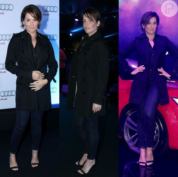 Trench coat preto e calça jeans bem justa foi o look de Deborah Secco na festa da Audi, em maio de 2015