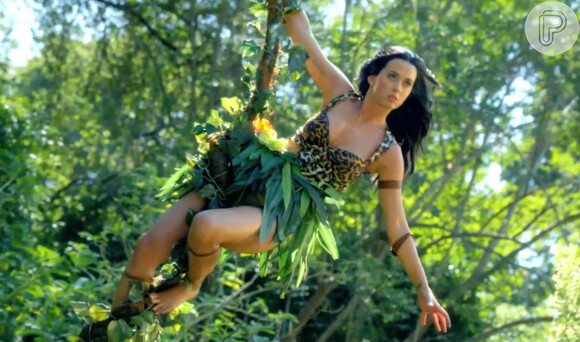 Katy Perry usa um cipó como transporte e interage com animais silvestres no clipe de 'Roar'