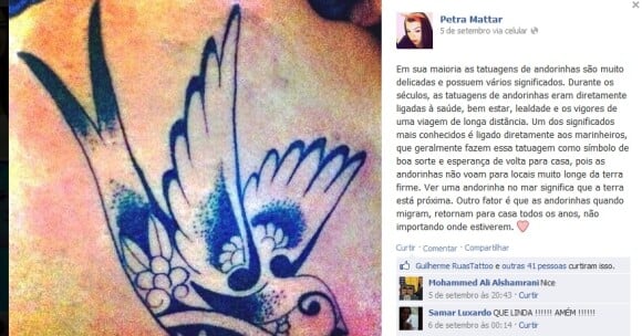 Petra Mattar explica o significado da tatuagem de andorinha no Facebook