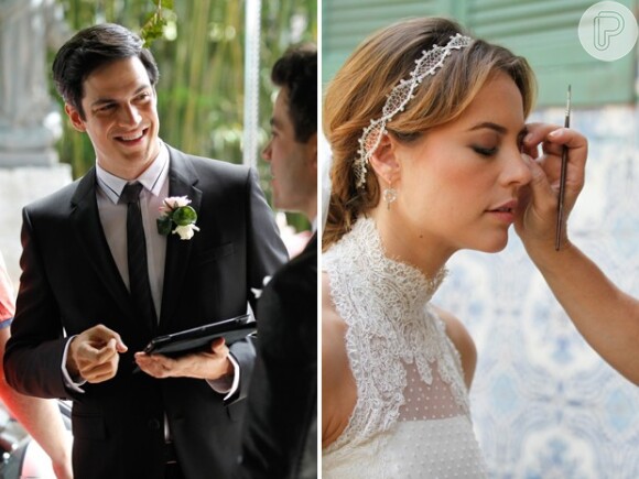 Paolla Oliveira retoca maquiagem para gravar cena de casamento de 'Amor à Vida'