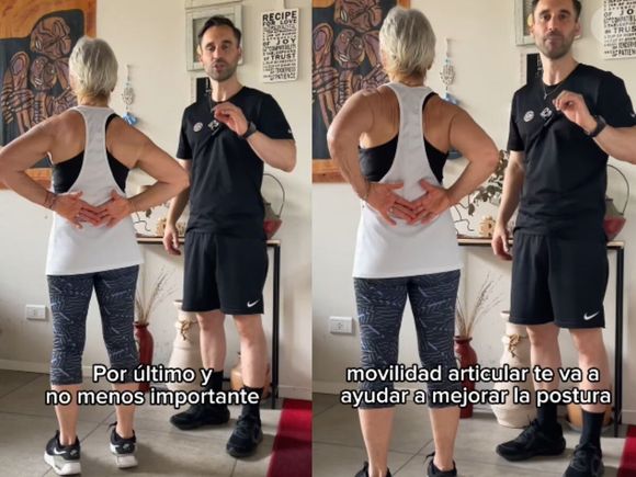 O exercício de mobilidade articular começa com uma postura com as mãos atrás das costas para alongá-las