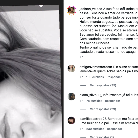 "Hoje o mundo segue… as pessoas seguem… como se tudo pudesse ser substituído. Mas quem viveu o seu amor sabe: você não se substitui. Você se eterniza", escreveu Joelson Veloso