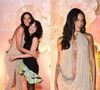 Bege nada básico! Bruna Marquezine usa vestido longo com decote profundo e fenda poderosa em noite com Manu Gavassi