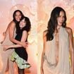 Bege nada básico! Bruna Marquezine usa vestido longo com decote profundo e fenda poderosa em noite com Manu Gavassi