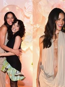 Bege nada básico! Bruna Marquezine usa vestido longo com decote profundo e fenda poderosa em noite com Manu Gavassi