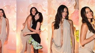 Bege nada básico! Bruna Marquezine usa vestido longo com decote profundo e fenda poderosa em noite com Manu Gavassi