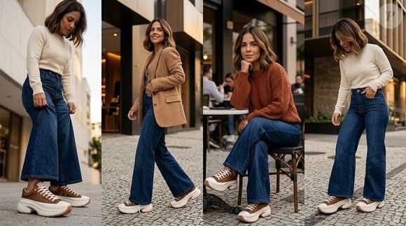 Com plataforma de 45 mm, o tênis da Converse pode ser um aliado das mulheres baixinhas na hora de usar calças jeans largas sem deixar a silhueta achatada