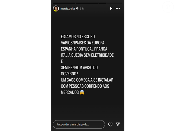 Márcia ainda usou seu Instagram para reforçar a falta de comunicação oficial: 'Estamos no escuro... Sem nenhum aviso do governo! Um caos começa a se instalar com pessoas correndo aos supermercados.'