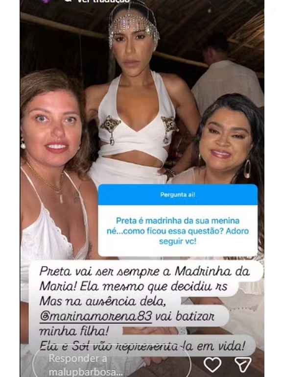 Malu Barbosa revelou a decisão em conversa com seguidores do Instagram. A responsável por batizar a pequena Maria será Marina Morena, filha do coração de Gilberto Gil