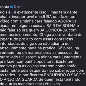 Em comentário no Instagram, Anitta afirmou que as cobranças por um vídeo de apoio a Lula chegam a dar 'vontade de jogar tudo pro alto'