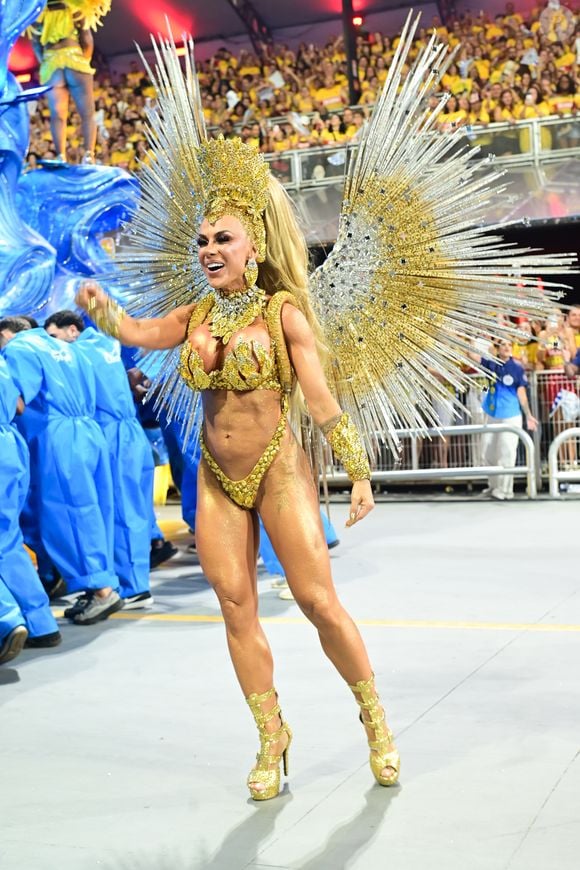 Carnaval 2026: herdeira bilionária de farmacêutica Renata Spallicci usou fantasia dourada para cruzar o Anhembi em desfile sobre Amsterdã