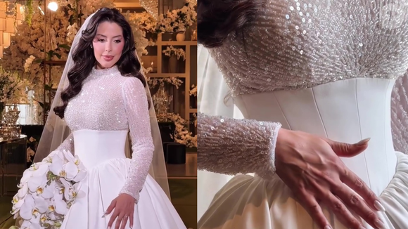 Vestido de noiva com 26 m de seda italiana, buquê de orquídeas e mais: o look de casamento da ex-’BBB’ Laís Caldas em união com Gustavo Marsengo