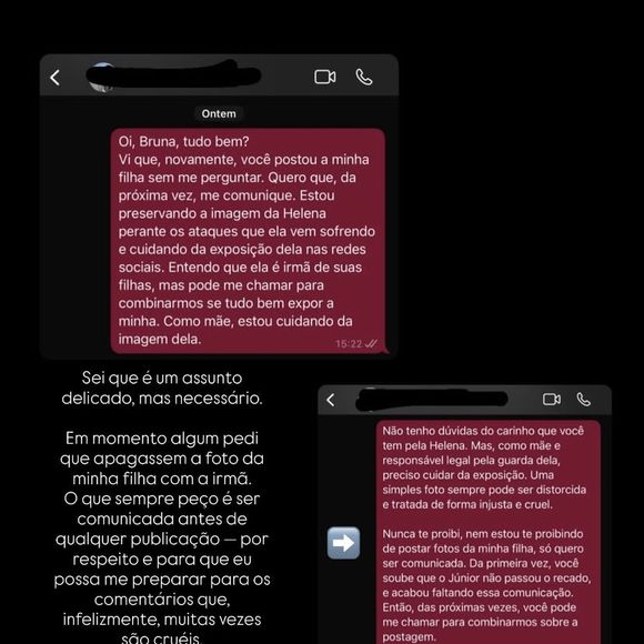 Amanda Kimberlly mostrou um print de uma conversa com Bruna Biancardi onde a pede que comunique ao postar fotos de Helena