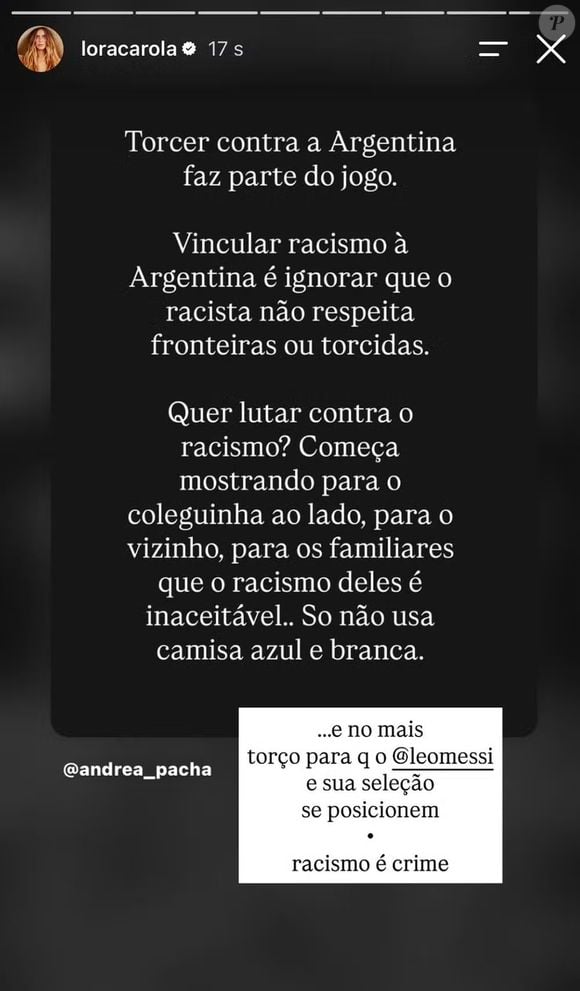 Após celebrar a vitória da Argentina sobre a Inglaterra, Carolina Dieckmmann rebateu críticas e disse que vincular o racismo a um único país é um erro