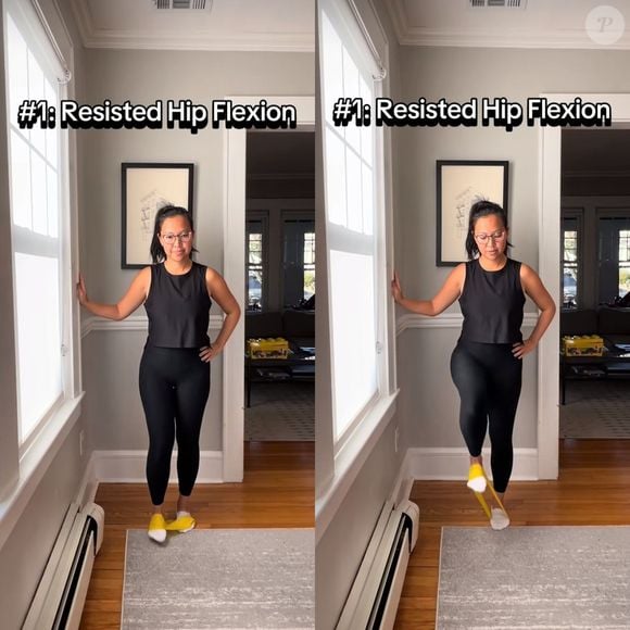 O primeiro exercício da especialista foi a flexão do quadril com resistência, trabalhando os flexores com faixa elástica.