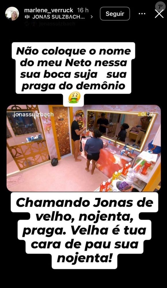 Fora da casa, a mãe de Jonas não gostou de ver o nome do neto citado por Milena em uma discussão com o modelo