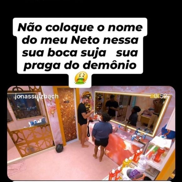 Fora da casa, a mãe de Jonas não gostou de ver o nome do neto citado por Milena em uma discussão com o modelo