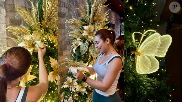 Muito ouro, Inshala! Naiara Azevedo escolheu o dourado como paleta principal de sua árvore. A cantora usou folhagens, flores no mesmo tom e borboletas de LED que se movimentam, trazendo brilho e exuberância