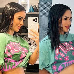 No fim da gravidez da primeira filha, Mavie, Bruna Biancardi fez comparação de fotos com barrigão