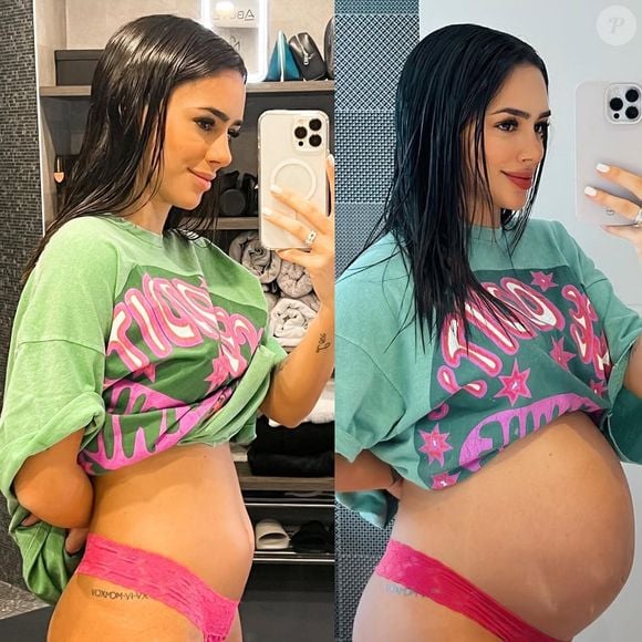 No fim da gravidez da primeira filha, Mavie, Bruna Biancardi fez comparação de fotos com barrigão