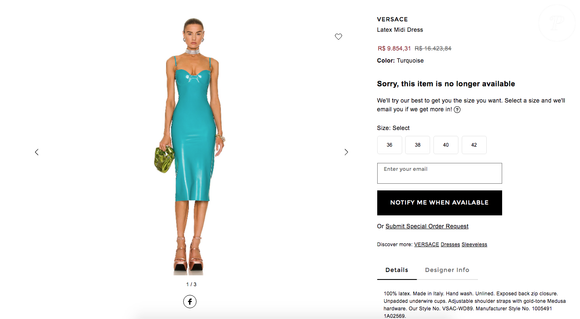 Vestido de Bruna Biancardi é vendido por R$ 16.423,84, mas está em promoção e pode ser encontrado por R$ 9.854,31