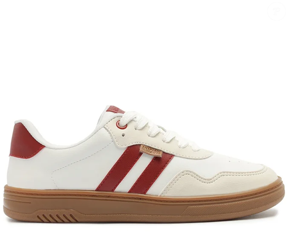 Tênis Lua Branco e Vermelho (Anacapri) - com detalhe em listra dupla, o modelo traz o shape clássico do tênis que lembra bastante ao modelo Samba da Adidas