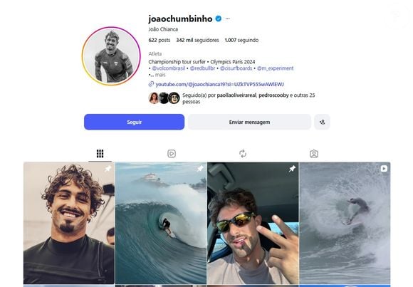 João Chumbinho, campeão de surfe, e participante da Olimpíada 2024, é seguido por Paolla Oliveira no Instagram
