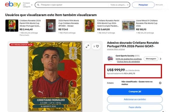 As versões internacionais são ainda mais raras: uma figurinha de Cristiano Ronaldo na versão cromada é vendida por R$ 5 mil no eBay