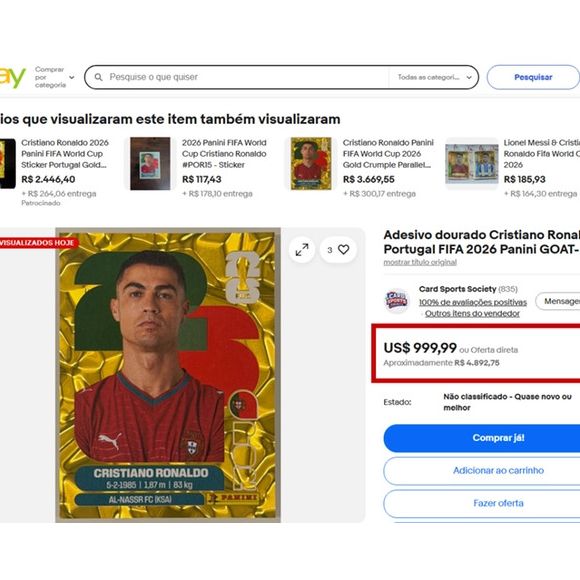 As versões internacionais são ainda mais raras: uma figurinha de Cristiano Ronaldo na versão cromada é vendida por R$ 5 mil no eBay