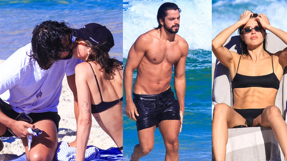 Quem ama cuida... e beija muito! De biquíni fio-dental, Agatha Moreira exibe abdômen trincado e troca beijos com Rodrigo Simas na praia; veja fotos