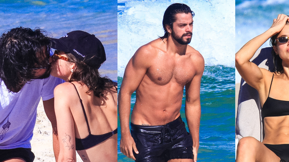 Quem ama cuida... e beija muito! De biquíni fio-dental, Agatha Moreira exibe abdômen trincado e troca beijos com Rodrigo Simas na praia; veja fotos
