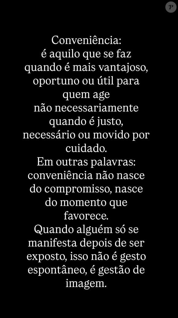 Irmã de Isabel Veloso postou indireta para o cunhado: ‘Conveniência não nasce do compromisso, nasce do momento que favorece’