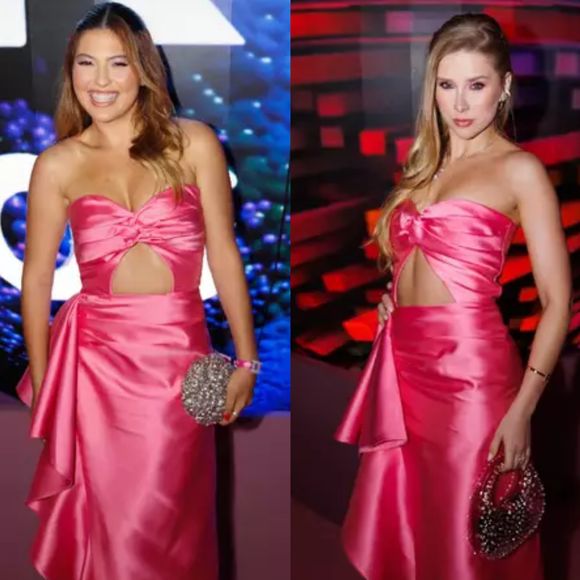 As influenciadoras Mari Menezes e Cela Lopes usaram o mesmo vestido da marca PatBo na festa all pink de Virgínia, para comemorar os 4 anos da marca Wepink, em setembro