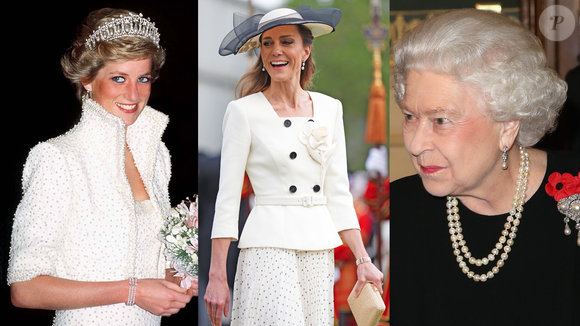 Kate Middleton apostou em duas joias repletas de história: a icônica pulseira de pérolas de três voltas de Lady Di, usada pela eterna Princesa de Gales em uma viagem a Hong Kong em 1989 com um look descrito como 'estilo Elvis', assinado por Catherine Walker, e os clássicos brincos de pérola da Rainha Elizabeth II, vistos em uma de suas marcantes aparições no Royal Albert Hall durante o Festival Anual da Lembrança
