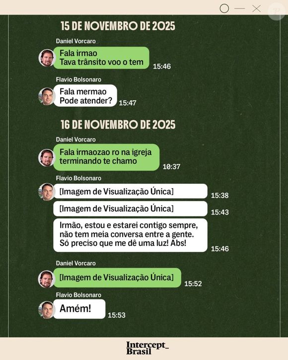 Uma mensagem enviada por Flávio Bolsonaro a Daniel Vorcaro em novembro de 2025 chamou atenção pelo tom de proximidade: "Irmão, estou e estarei contigo sempre", escreveu o senador ao banqueiro um dia antes de sua prisão, de acordo com reportagem exclusiva do Intercept Brasil