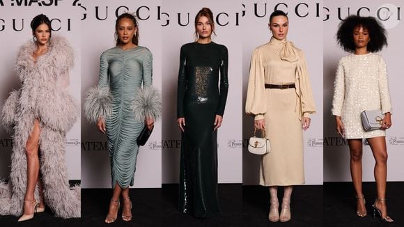 Plumas, brilhos e silhuetas poderosas: 30 fotos de look elegantes das famosas com tendências de moda festa para evento Gucci