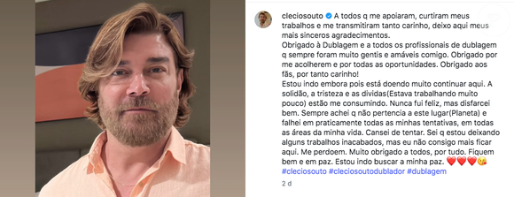 Mensagem interpretada como despedida de Clécio Souto causa comoção e acende alerta entre amigos, familiares e admiradores