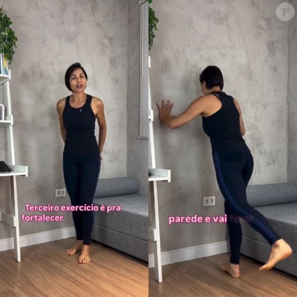 No terceiro exercício dessa rotina de Pilates, vire de frente para a parede, elevando uma das pernas com cuidado para trás, e voltando à posição inicial.