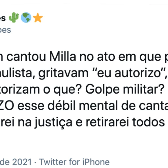 A apresentação de 'Milla' em um ato pró-Bolsonaro provocou a reação pública de Manno Góes em 2021. Segundo o g1, o compositor criticou a utilização da obra na manifestação de 1º de maio e escreveu no Twitter: 'Eu NÃO AUTORIZO esse débil mental de cantar minha música'