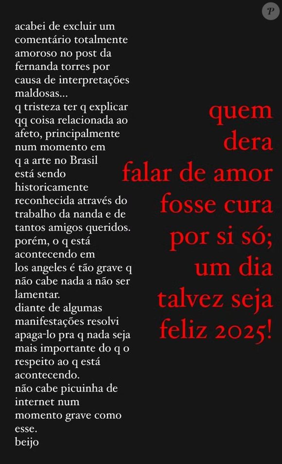 Carolina Dieckmann disse que seu comentário em post de Fernanda Torres foi interpretado de forma maldosa por internautas