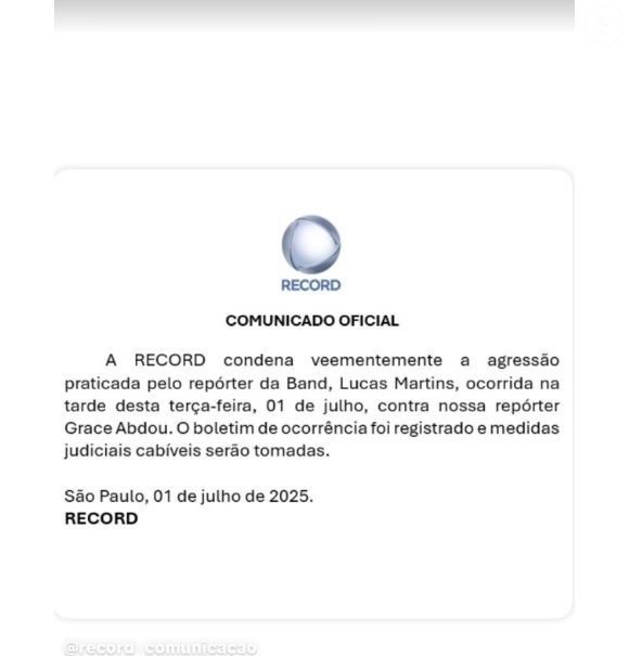 Agressão à jornalista do 'Cidade Alerta' da Record, Grace Abdou fez a emissora se pronunciar em nota oficial