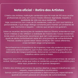 Depois das declarações de Marcos Oliveira, o Retiro dos Artistas publicou uma nota oficial em suas redes sociais. Leia na íntegra!