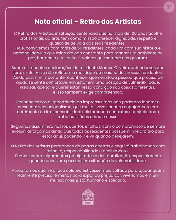Depois das declarações de Marcos Oliveira, o Retiro dos Artistas publicou uma nota oficial em suas redes sociais. Leia na íntegra!
