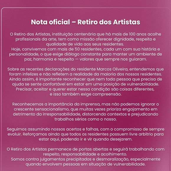 Depois das declarações de Marcos Oliveira, o Retiro dos Artistas publicou uma nota oficial em suas redes sociais. Leia na íntegra!