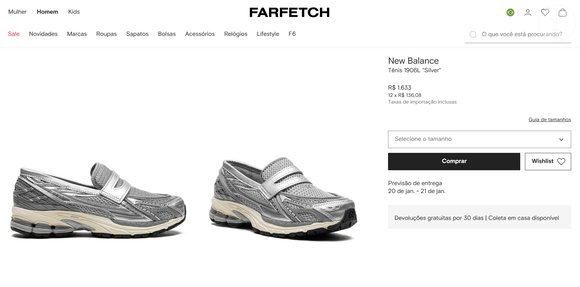 Disponível no Brasil pela Farfetch, o New Balance 1906L aparece por R$ 1.633 até o fechamento desta matéria, segundo informações disponíveis na plataforma